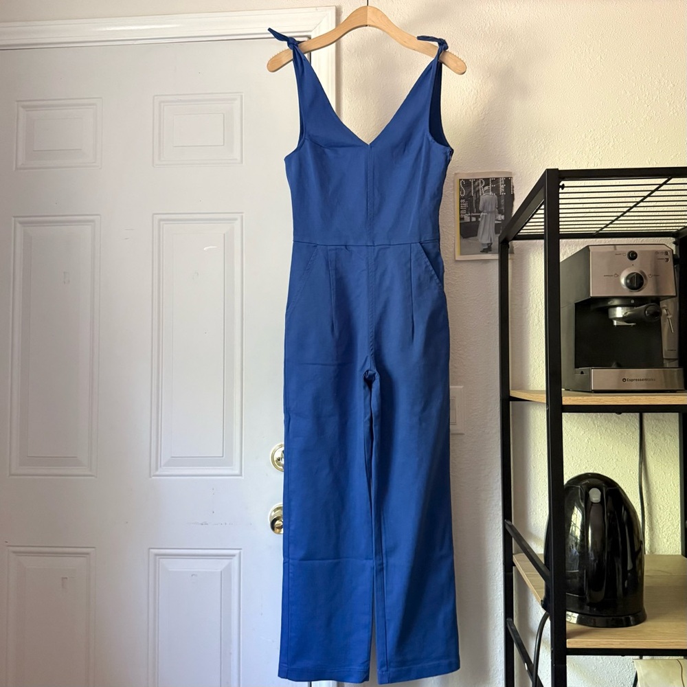 LOUP blue denim canvas‎ cotton v neck back sleeveless straight leg jumpsuit